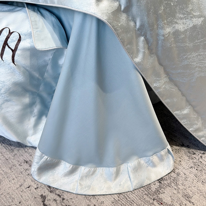 91家纺网 家纺一手货源 找家纺  轻奢风A类贡缎长绒棉提花四件套丝滑裸睡全工艺床单床笠轻奢风爆款天丝床上用品 丝蕴-柔雾蓝