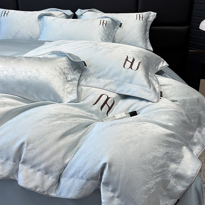 91家纺网 家纺一手货源 找家纺  轻奢风A类贡缎长绒棉提花四件套丝滑裸睡全工艺床单床笠轻奢风爆款天丝床上用品 丝蕴-柔雾蓝