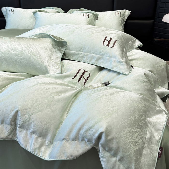 91家纺网 家纺一手货源 找家纺  轻奢风A类贡缎长绒棉提花四件套丝滑裸睡全工艺床单床笠轻奢风爆款天丝床上用品 丝蕴-浅松绿