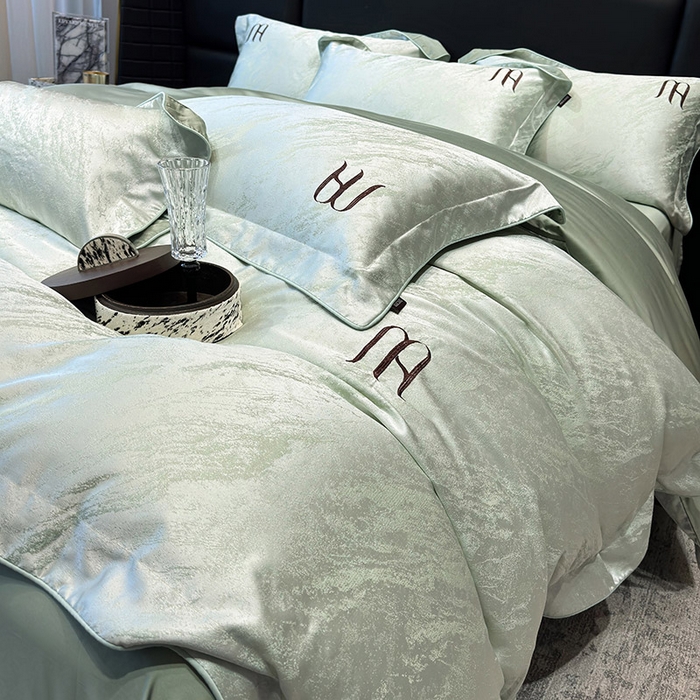 轻奢风A类贡缎长绒棉提花四件套丝滑裸睡全工艺床单床笠轻奢风爆款天丝床上用品 丝蕴-浅松绿