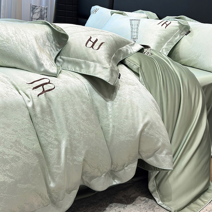 91家纺网 家纺一手货源 找家纺  轻奢风A类贡缎长绒棉提花四件套丝滑裸睡全工艺床单床笠轻奢风爆款天丝床上用品 丝蕴-浅松绿