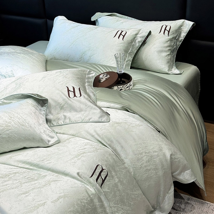 91家纺网 家纺一手货源 找家纺  轻奢风A类贡缎长绒棉提花四件套丝滑裸睡全工艺床单床笠轻奢风爆款天丝床上用品 丝蕴-浅松绿