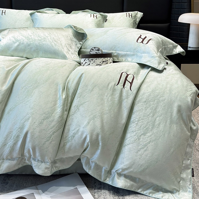 91家纺网 家纺一手货源 找家纺  轻奢风A类贡缎长绒棉提花四件套丝滑裸睡全工艺床单床笠轻奢风爆款天丝床上用品 丝蕴-浅松绿