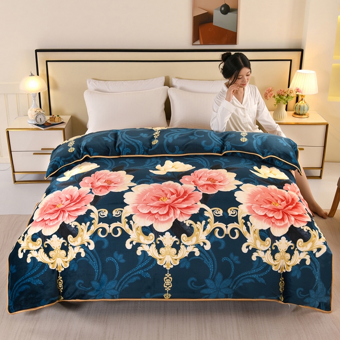 91家纺网 家纺一手货源 找家纺 望淮 2025新款230g印花金貂绒牛奶绒四件套 国色天香-蓝