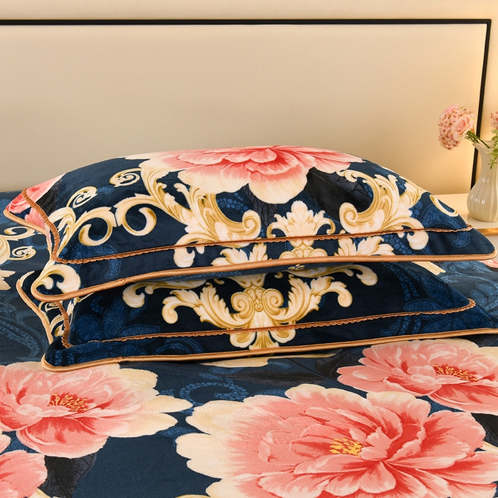 91家纺网 家纺一手货源 找家纺 望淮 2025新款230g印花金貂绒牛奶绒四件套 国色天香-蓝