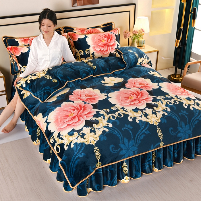 91家纺网 家纺一手货源 找家纺 望淮 2025新款230g印花金貂绒牛奶绒四件套 国色天香-蓝