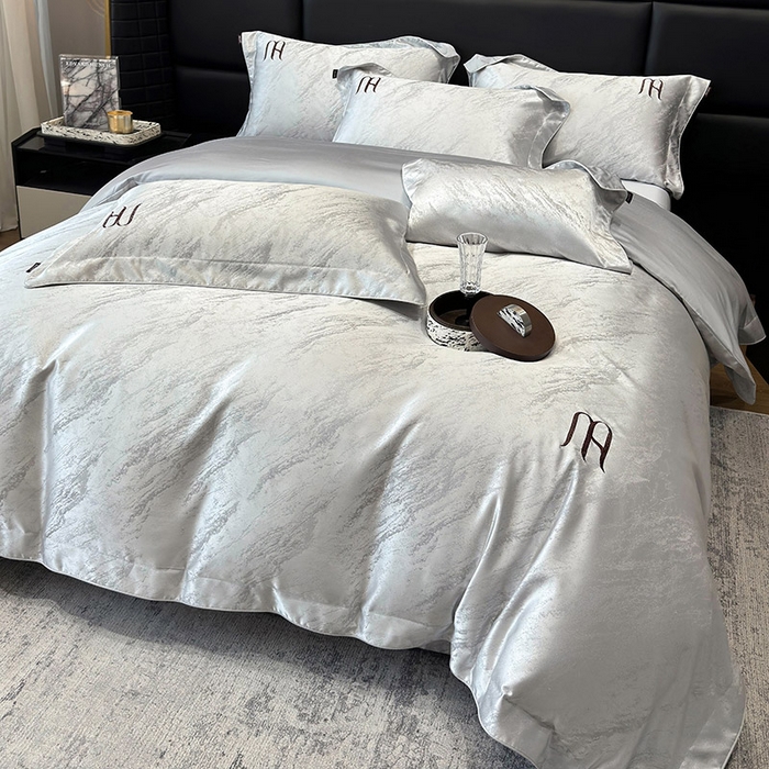 91家纺网 家纺一手货源 找家纺 轻奢风A类贡缎长绒棉提花四件套丝滑裸睡全工艺床单床笠轻奢风爆款天丝床上用品 丝蕴-蒂奥银