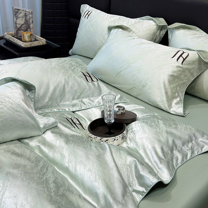 91家纺网 家纺一手货源 找家纺 轻奢风A类贡缎长绒棉提花四件套丝滑裸睡全工艺床单床笠轻奢风爆款天丝床上用品 丝蕴-浅松绿