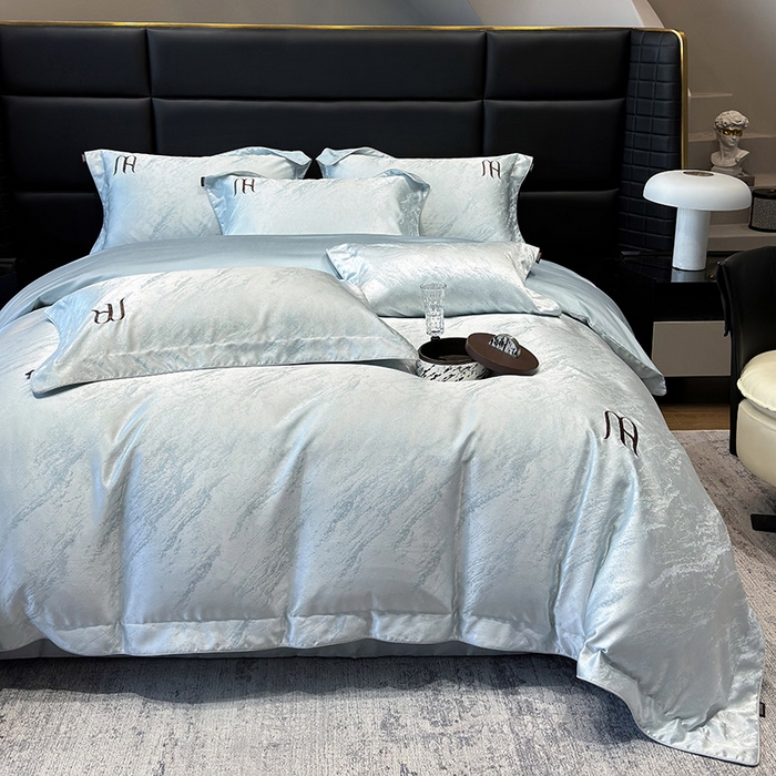 91家纺网 家纺一手货源 找家纺 轻奢风A类贡缎长绒棉提花四件套丝滑裸睡全工艺床单床笠轻奢风爆款天丝床上用品 丝蕴-柔雾蓝