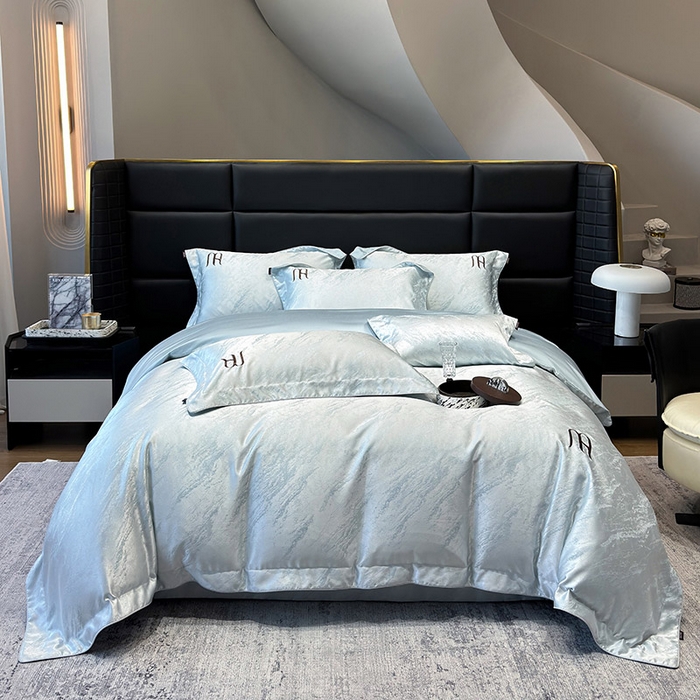 91家纺网 家纺一手货源 找家纺 轻奢风A类贡缎长绒棉提花四件套丝滑裸睡全工艺床单床笠轻奢风爆款天丝床上用品 丝蕴-柔雾蓝