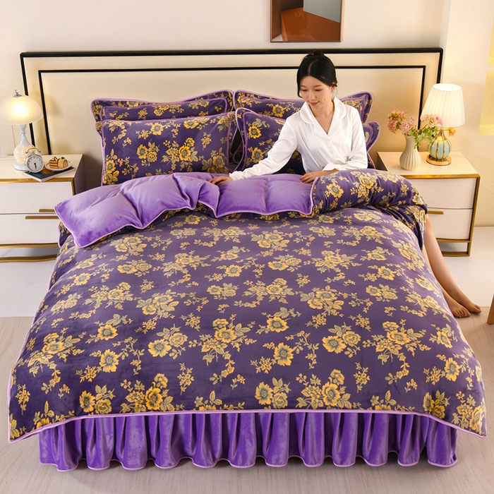 91家纺网 家纺一手货源 找家纺 望淮 2025新款230g印花金貂绒牛奶绒四件套 蔷薇-紫