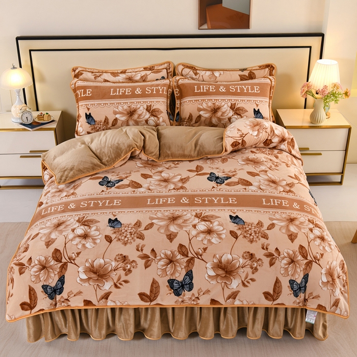 望淮 2025新款230g印花金貂绒牛奶绒四件套 翩翩起舞-咖