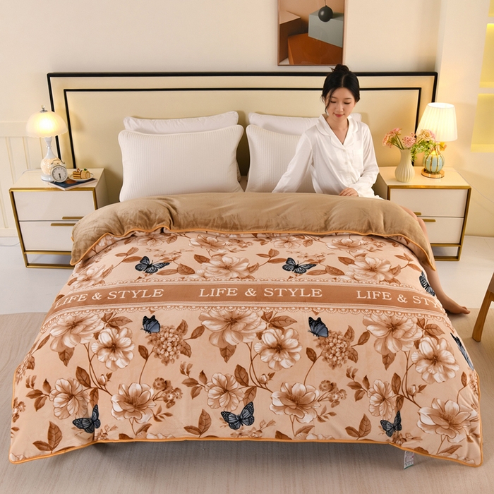 91家纺网 家纺一手货源 找家纺 望淮 2025新款230g印花金貂绒牛奶绒四件套 翩翩起舞-咖