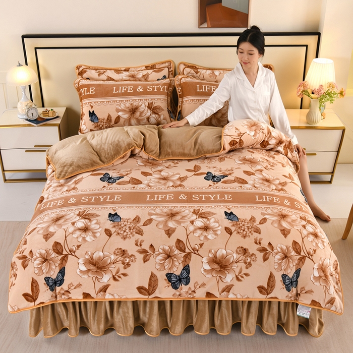 91家纺网 家纺一手货源 找家纺 望淮 2025新款230g印花金貂绒牛奶绒四件套 翩翩起舞-咖