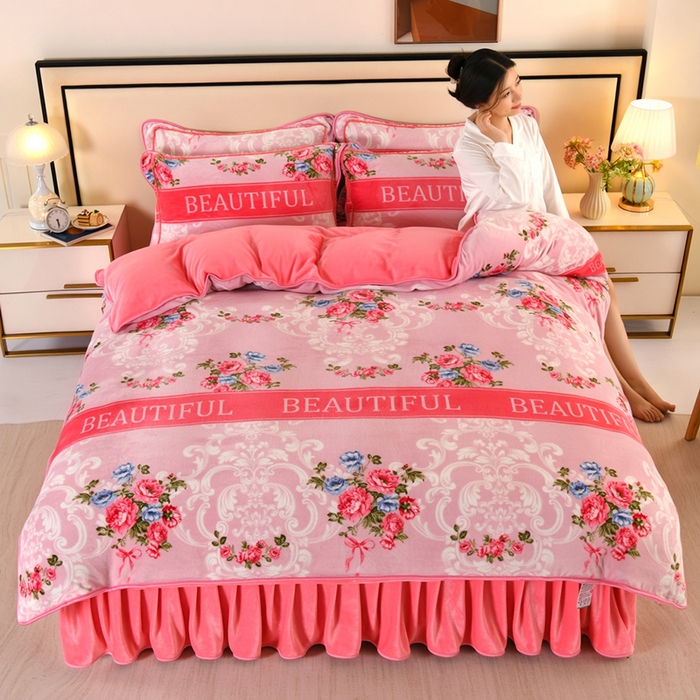 91家纺网 家纺一手货源 找家纺 望淮 2025新款230g印花金貂绒牛奶绒四件套 挚爱