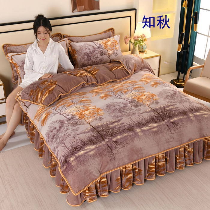 91家纺网 家纺一手货源 找家纺 望淮 2025新款230g印花金貂绒牛奶绒四件套 知秋