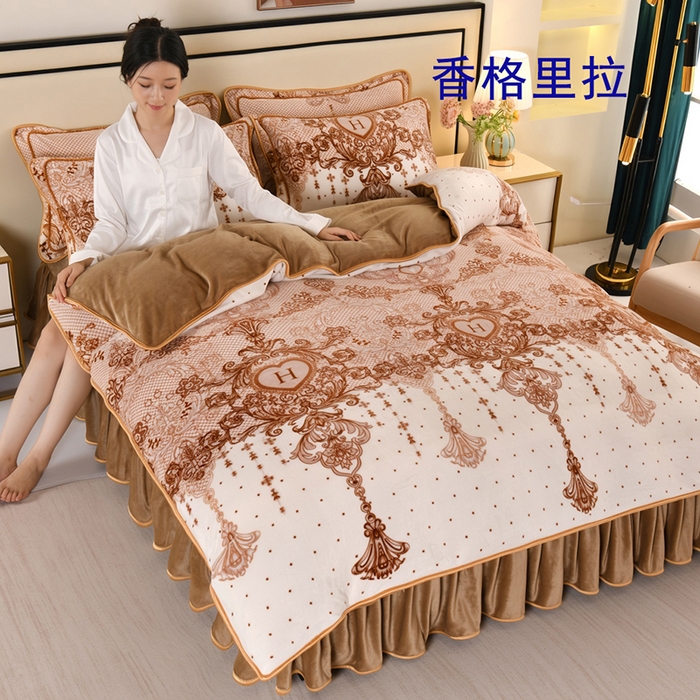 91家纺网 家纺一手货源 找家纺 望淮 2025新款230g印花金貂绒牛奶绒四件套 香格里拉
