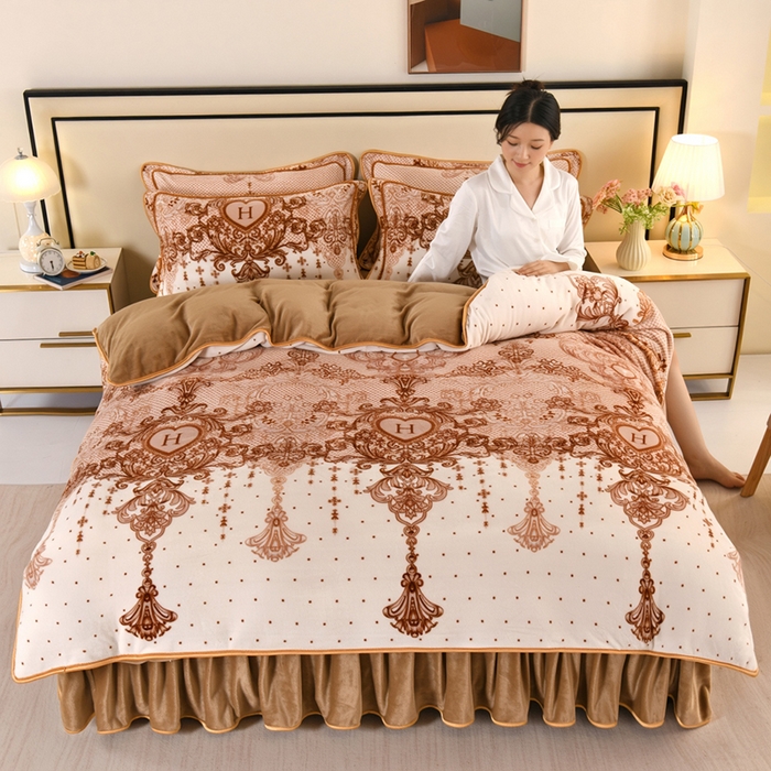 91家纺网 家纺一手货源 找家纺 望淮 2025新款230g印花金貂绒牛奶绒四件套 香格里拉