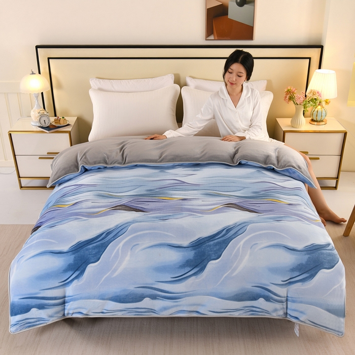 91家纺网 家纺一手货源 找家纺 望淮 2025新款230g印花金貂绒牛奶绒四件套 水墨江南