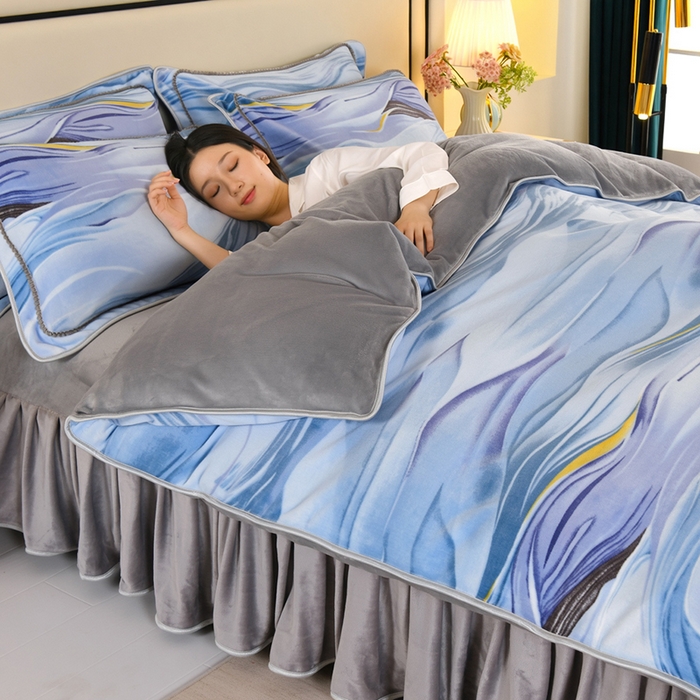 91家纺网 家纺一手货源 找家纺 望淮 2025新款230g印花金貂绒牛奶绒四件套 水墨江南