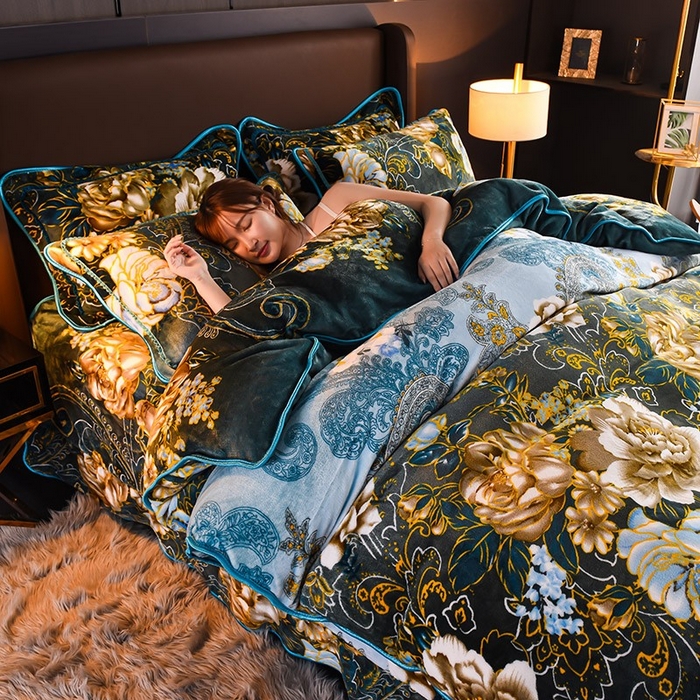 91家纺网 家纺一手货源 找家纺 望淮 2025新款230g印花金貂绒牛奶绒四件套 花样情怀