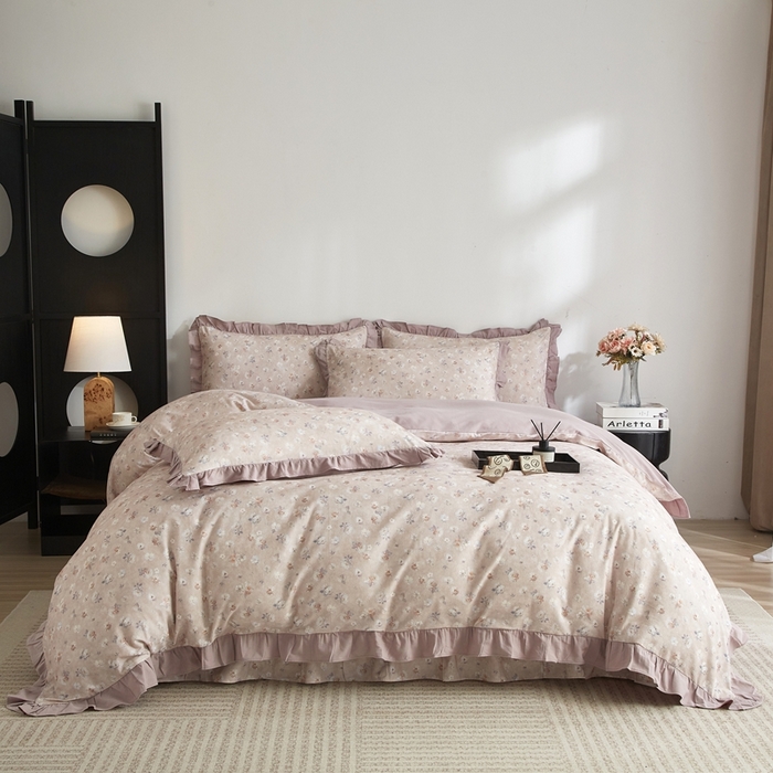 91家纺网 家纺一手货源 找家纺 金纱玉纺家纺 2025韩版数码印花加厚100%棉四件套 花语初晴-豆沙