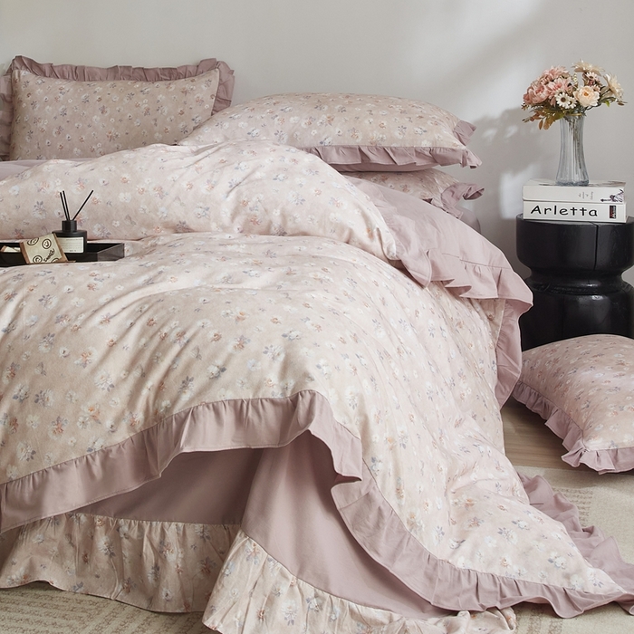 91家纺网 家纺一手货源 找家纺 金纱玉纺家纺 2025韩版数码印花加厚100%棉四件套 花语初晴-豆沙