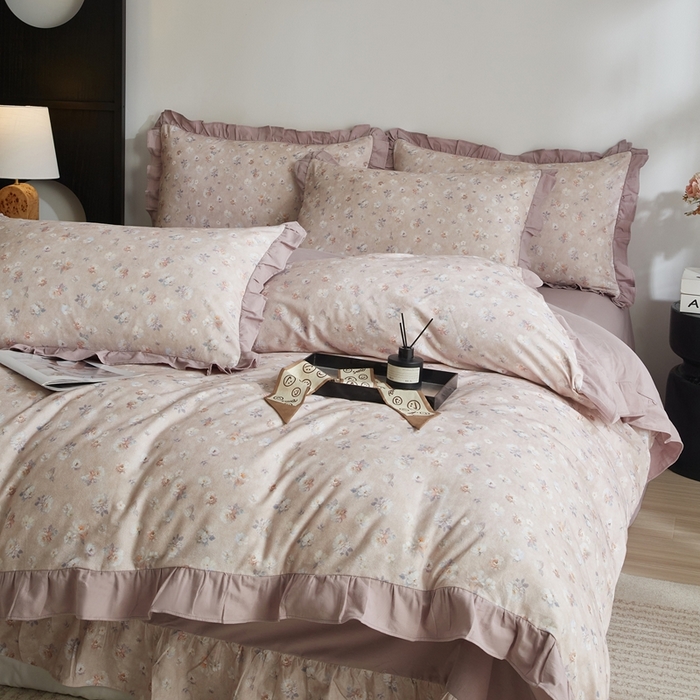 91家纺网 家纺一手货源 找家纺 金纱玉纺家纺 2025韩版数码印花加厚100%棉四件套 花语初晴-豆沙