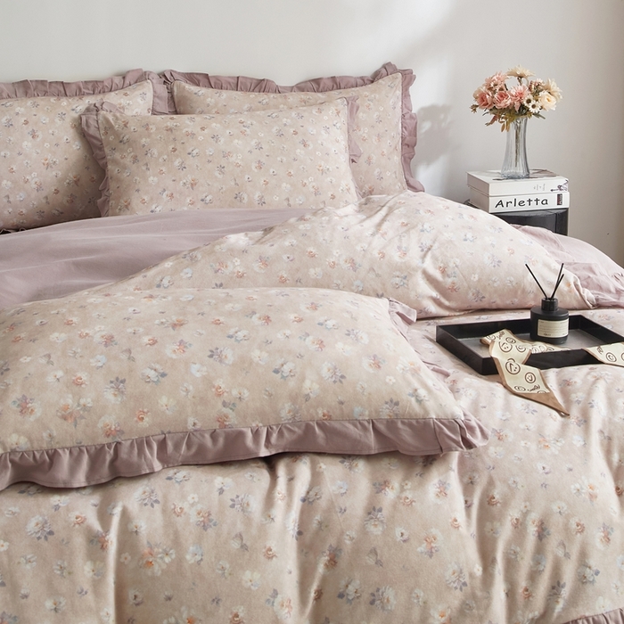 91家纺网 家纺一手货源 找家纺 金纱玉纺家纺 2025韩版数码印花加厚100%棉四件套 花语初晴-豆沙