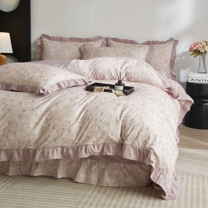 91家纺网 家纺一手货源 找家纺 金纱玉纺家纺 2025韩版数码印花加厚100%棉四件套 花语初晴-豆沙