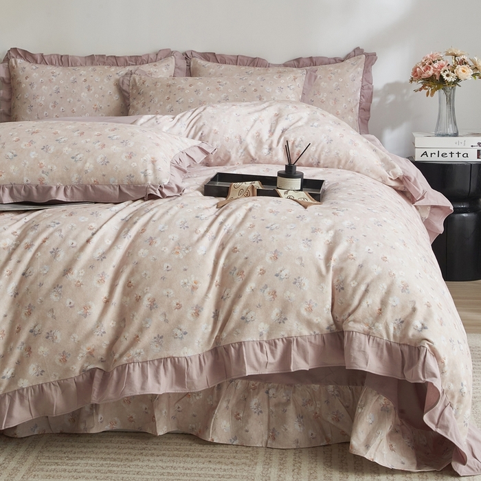 91家纺网 家纺一手货源 找家纺 金纱玉纺家纺 2025韩版数码印花加厚100%棉四件套 花语初晴-豆沙