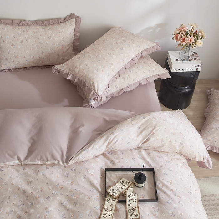 91家纺网 家纺一手货源 找家纺 金纱玉纺家纺 2025韩版数码印花加厚100%棉四件套 花语初晴-豆沙