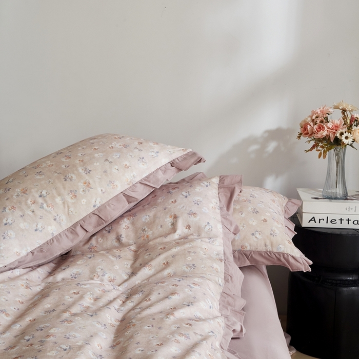 91家纺网 家纺一手货源 找家纺 金纱玉纺家纺 2025韩版数码印花加厚100%棉四件套 花语初晴-豆沙