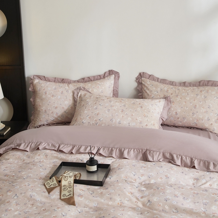 91家纺网 家纺一手货源 找家纺 金纱玉纺家纺 2025韩版数码印花加厚100%棉四件套 花语初晴-豆沙