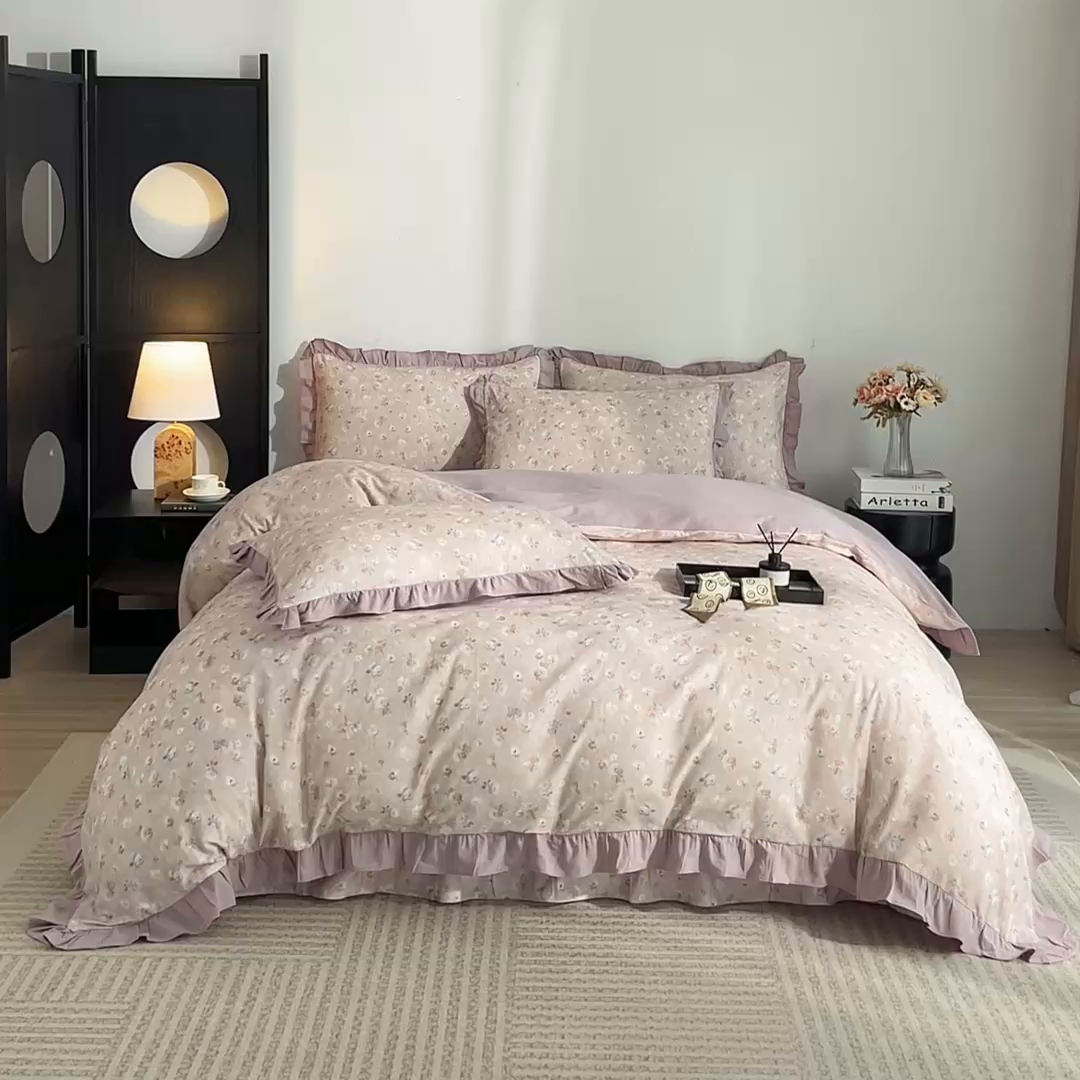 91家纺网 家纺一手货源 找家纺 金纱玉纺家纺 2025韩版数码印花加厚100%棉四件套 花语初晴-豆沙