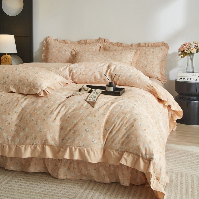 91家纺网 家纺一手货源 找家纺 金纱玉纺家纺 2025韩版数码印花加厚100%棉四件套 花语初晴-桔