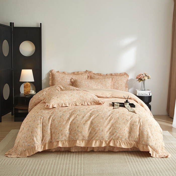 91家纺网 家纺一手货源 找家纺 金纱玉纺家纺 2025韩版数码印花加厚100%棉四件套 花语初晴-桔