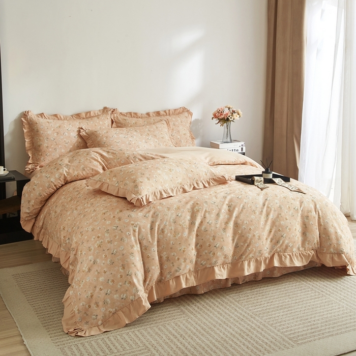 91家纺网 家纺一手货源 找家纺 金纱玉纺家纺 2025韩版数码印花加厚100%棉四件套 花语初晴-桔