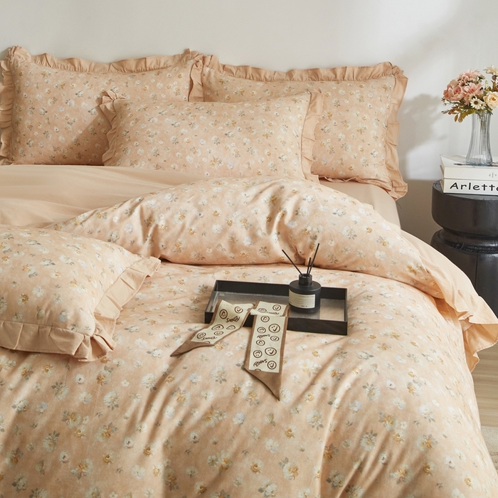 91家纺网 家纺一手货源 找家纺 金纱玉纺家纺 2025韩版数码印花加厚100%棉四件套 花语初晴-桔