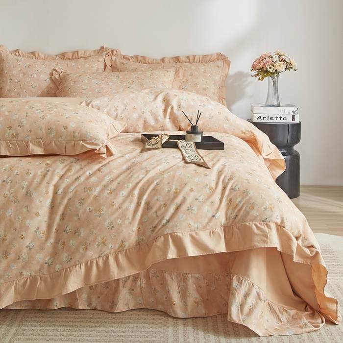 91家纺网 家纺一手货源 找家纺 金纱玉纺家纺 2025韩版数码印花加厚100%棉四件套 花语初晴-桔