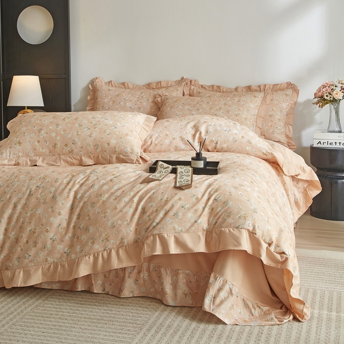 91家纺网 家纺一手货源 找家纺 金纱玉纺家纺 2025韩版数码印花加厚100%棉四件套 花语初晴-桔