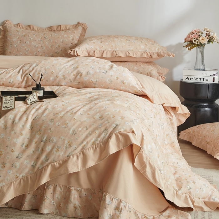 91家纺网 家纺一手货源 找家纺 金纱玉纺家纺 2025韩版数码印花加厚100%棉四件套 花语初晴-桔