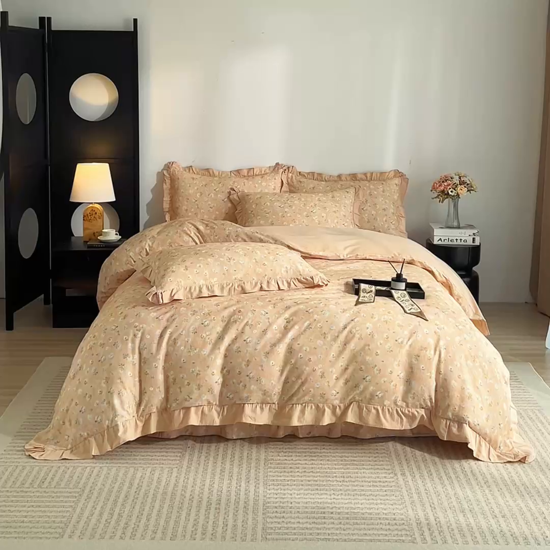 91家纺网 家纺一手货源 找家纺 金纱玉纺家纺 2025韩版数码印花加厚100%棉四件套 花语初晴-桔