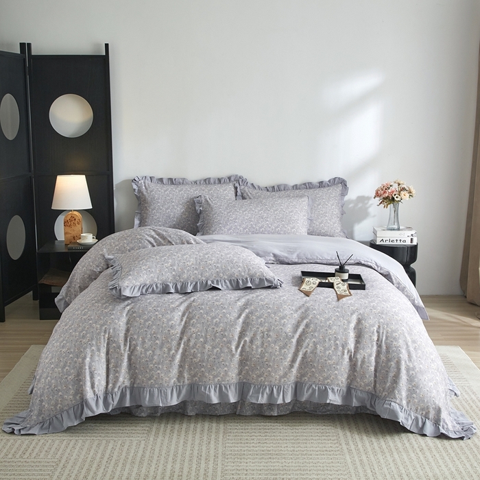 金纱玉纺家纺 2025韩版数码印花加厚100%棉四件套 情意绵绵-灰