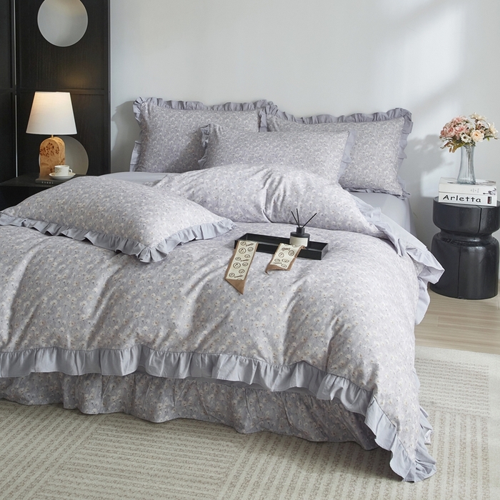 91家纺网 家纺一手货源 找家纺 金纱玉纺家纺 2025韩版数码印花加厚100%棉四件套 情意绵绵-灰