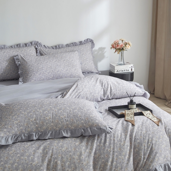 91家纺网 家纺一手货源 找家纺 金纱玉纺家纺 2025韩版数码印花加厚100%棉四件套 情意绵绵-灰