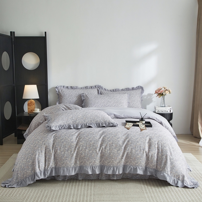 91家纺网 家纺一手货源 找家纺 金纱玉纺家纺 2025韩版数码印花加厚100%棉四件套 情意绵绵-灰