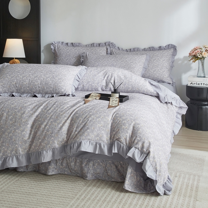 91家纺网 家纺一手货源 找家纺 金纱玉纺家纺 2025韩版数码印花加厚100%棉四件套 情意绵绵-灰