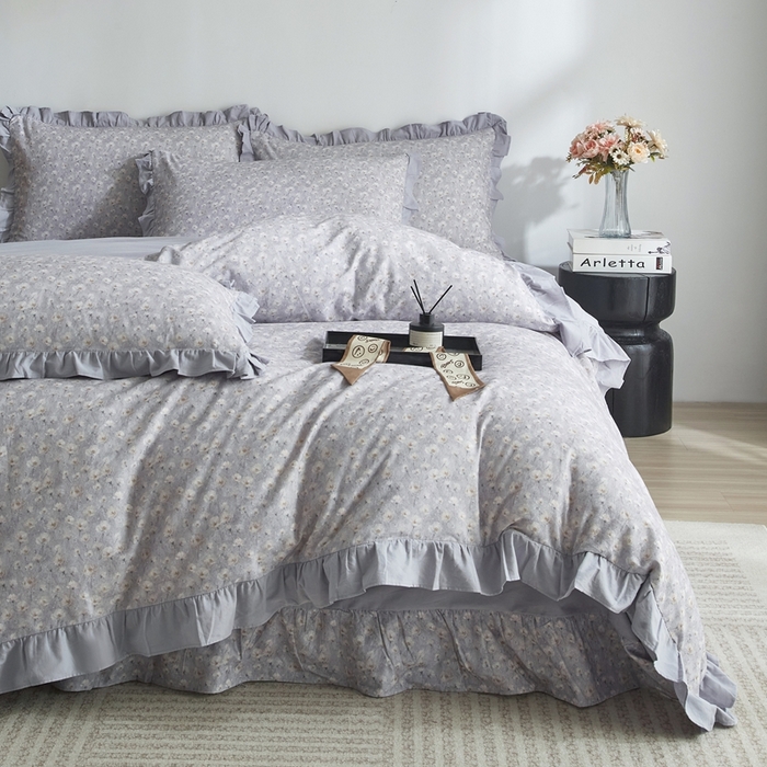 91家纺网 家纺一手货源 找家纺 金纱玉纺家纺 2025韩版数码印花加厚100%棉四件套 情意绵绵-灰