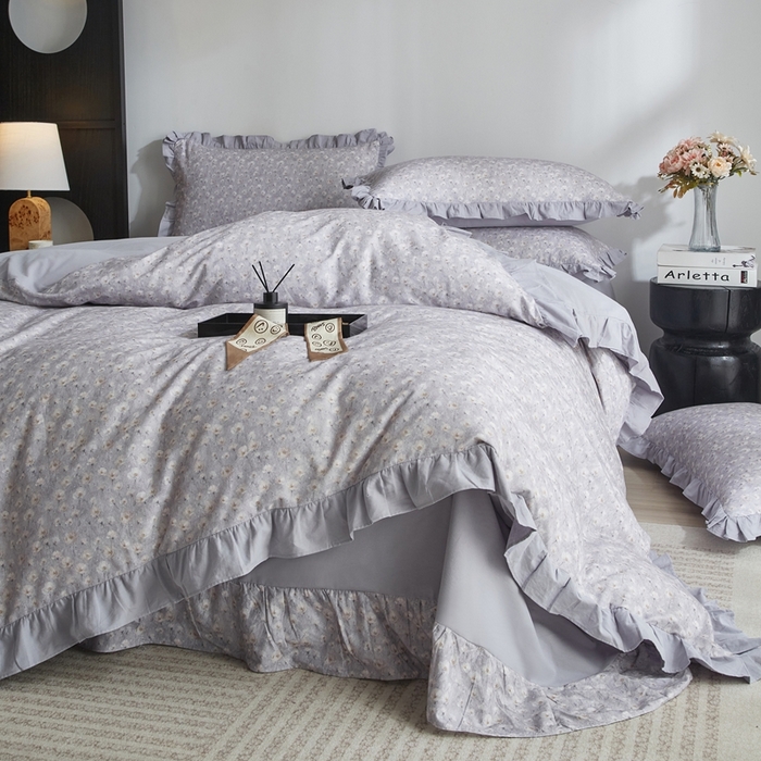 91家纺网 家纺一手货源 找家纺 金纱玉纺家纺 2025韩版数码印花加厚100%棉四件套 情意绵绵-灰